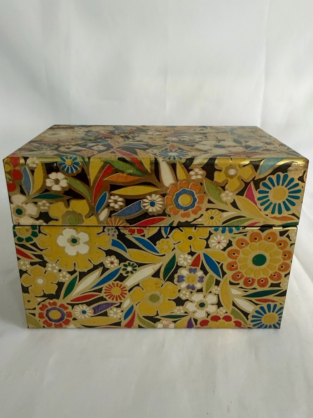 J Chein And Co Vintage Tin Recipe  Box 1970s Gold Mod Floral